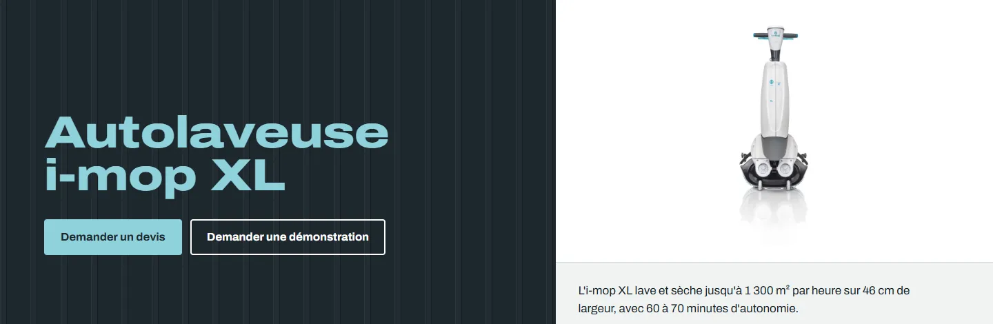 En-tête de la page i-mop XL : titre, boutons « Demander un devis » et « Demander une démonstration », photo de la machine.